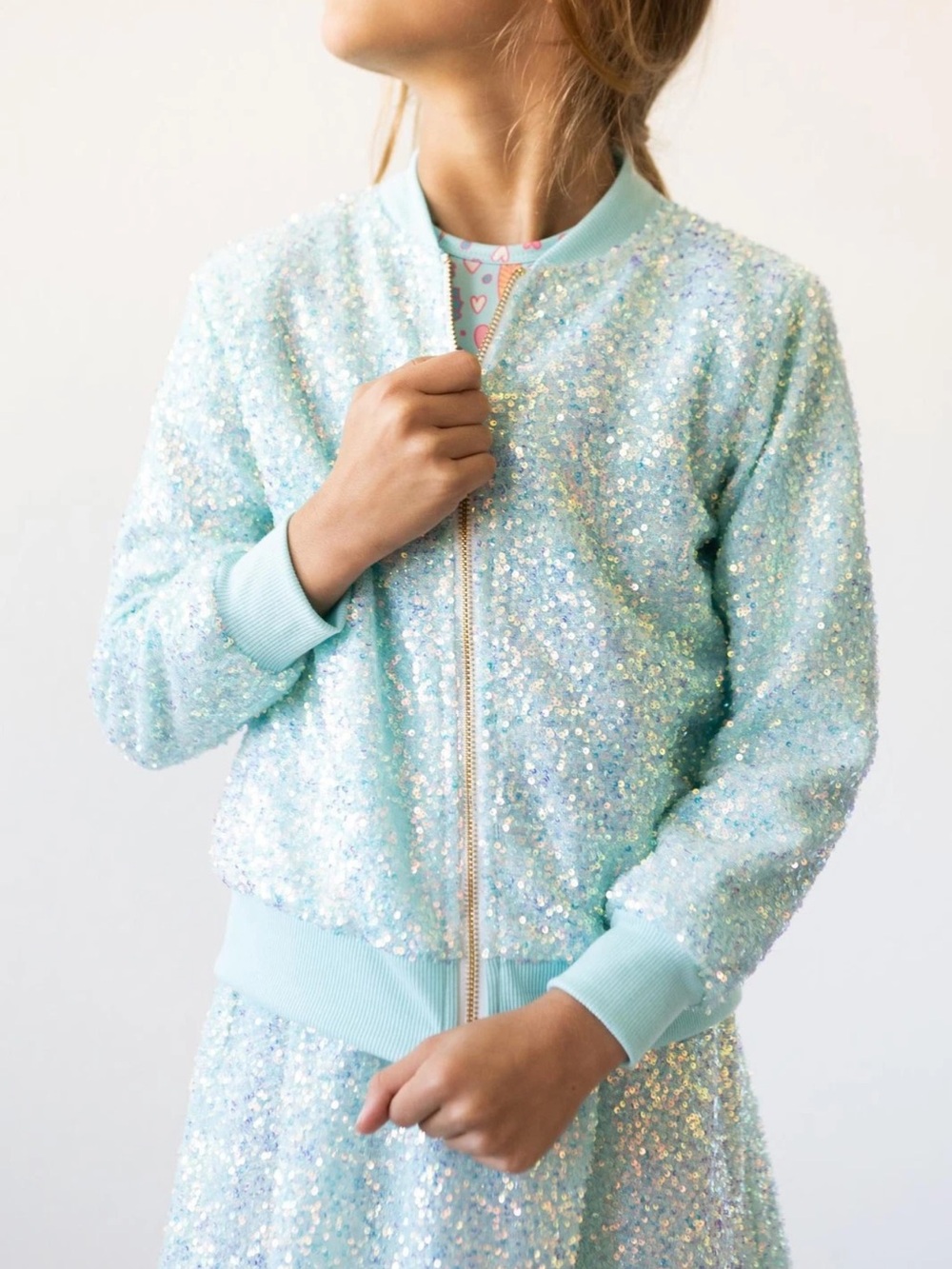 Unbranded Girls' (5-6)Light Blue Sequin Bomber Jacket